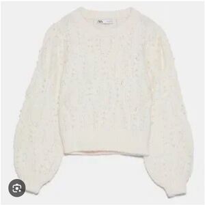 Zara Ivory Faux Pearl Alpaca Wool Blend Balloon Sleeve Sweater Size Medium